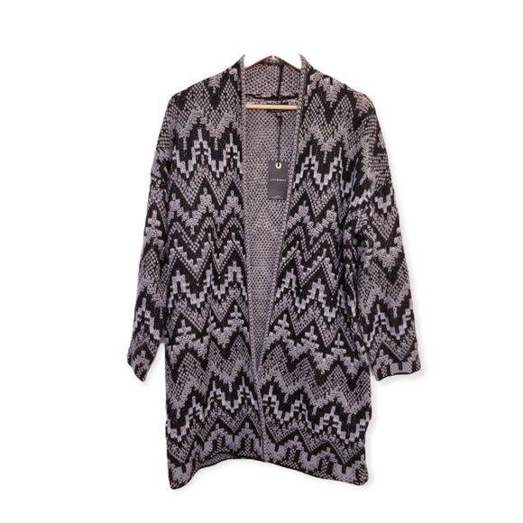 LUCKY BRAND Black & Gray Ikat Print Open Front Cardigan M NWT - Picture 2 of 7